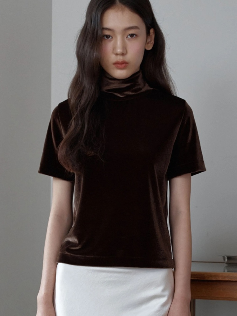 Vintage CACHÉ Brown Velvet Mock Neck Top Large Made in USA Y2K Retro 90s